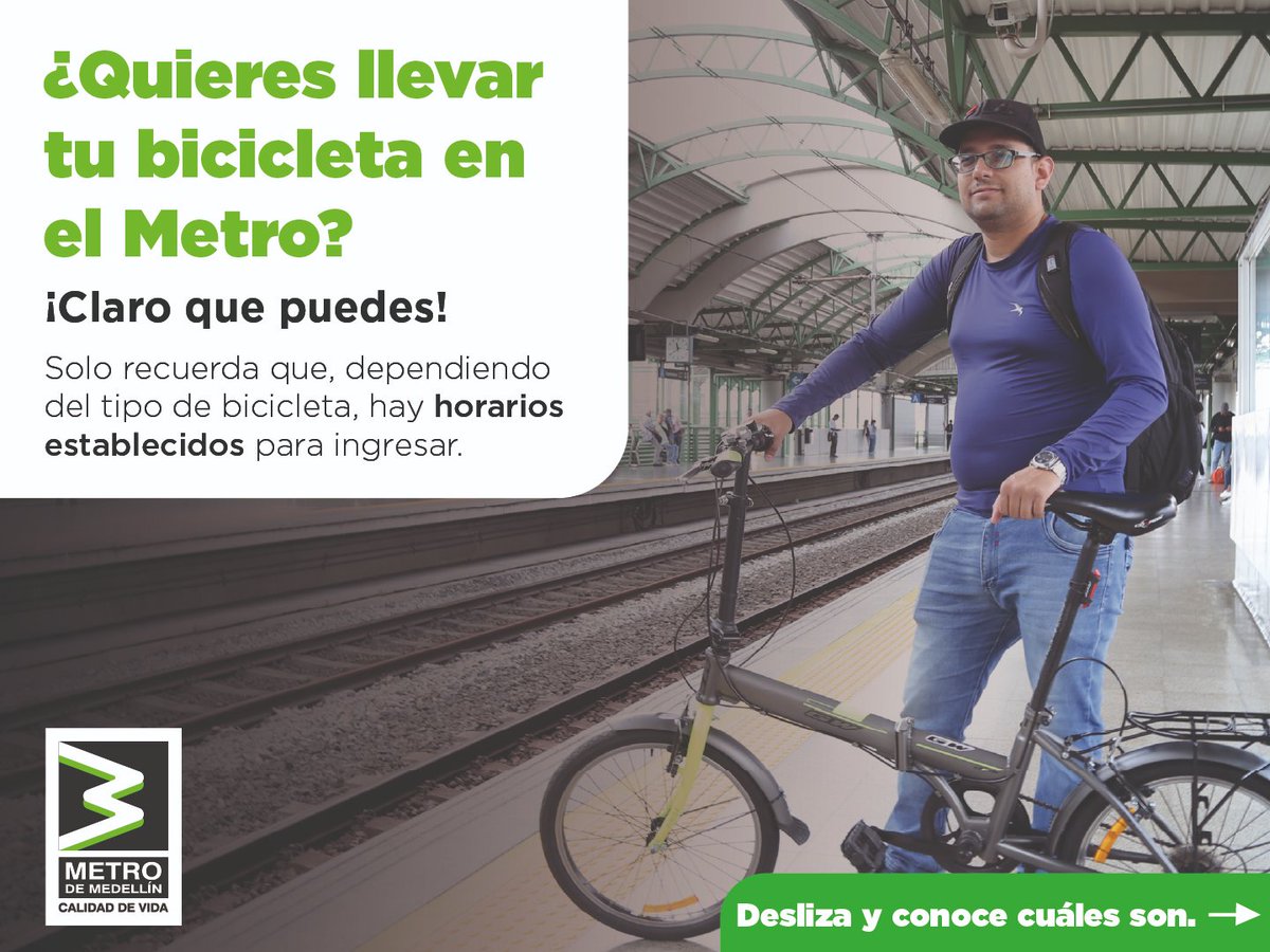 metrodemedellin's tweet photo. 🚲🚈 ¿Metro + bici? ¡Claro que sí!

Si eres de los que disfrutan moverse en bicicleta, puedes combinarla con el Metro para llegar más lejos y conectar diferentes lugares de la ciudad-región. 💚

Solo recuerda que las bicicletas convencionales tienen horarios establecidos de ingreso, mientras que las bicicletas plegables pueden viajar durante todo el horario comercial.

Guarda este carrusel 📲 y ten los horarios a la mano para tu próximo recorrido.

#MetroDeMedellín