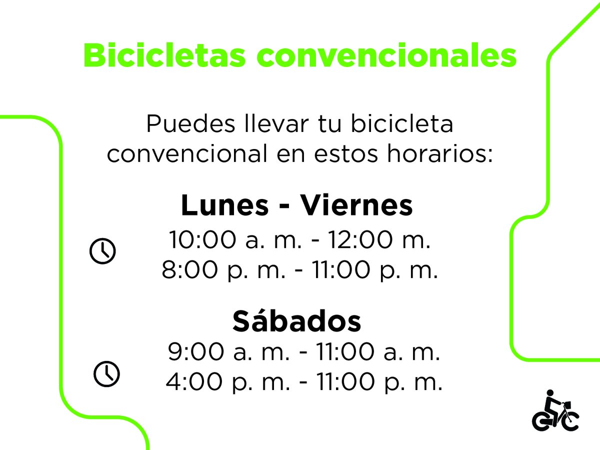 metrodemedellin's tweet photo. 🚲🚈 ¿Metro + bici? ¡Claro que sí!

Si eres de los que disfrutan moverse en bicicleta, puedes combinarla con el Metro para llegar más lejos y conectar diferentes lugares de la ciudad-región. 💚

Solo recuerda que las bicicletas convencionales tienen horarios establecidos de ingreso, mientras que las bicicletas plegables pueden viajar durante todo el horario comercial.

Guarda este carrusel 📲 y ten los horarios a la mano para tu próximo recorrido.

#MetroDeMedellín