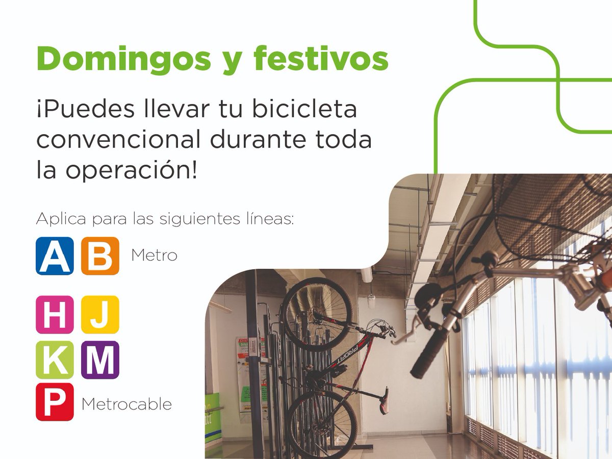 metrodemedellin's tweet photo. 🚲🚈 ¿Metro + bici? ¡Claro que sí!

Si eres de los que disfrutan moverse en bicicleta, puedes combinarla con el Metro para llegar más lejos y conectar diferentes lugares de la ciudad-región. 💚

Solo recuerda que las bicicletas convencionales tienen horarios establecidos de ingreso, mientras que las bicicletas plegables pueden viajar durante todo el horario comercial.

Guarda este carrusel 📲 y ten los horarios a la mano para tu próximo recorrido.

#MetroDeMedellín
