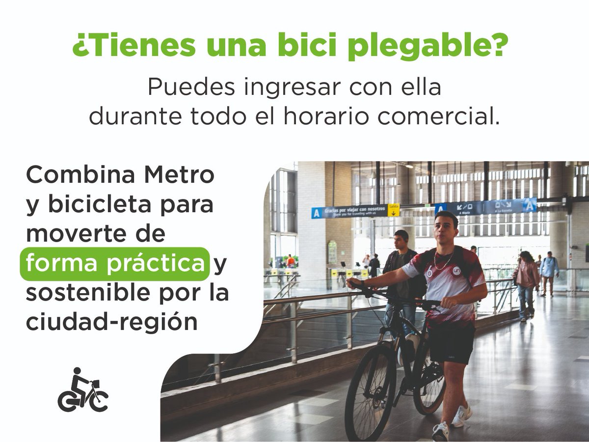 metrodemedellin's tweet photo. 🚲🚈 ¿Metro + bici? ¡Claro que sí!

Si eres de los que disfrutan moverse en bicicleta, puedes combinarla con el Metro para llegar más lejos y conectar diferentes lugares de la ciudad-región. 💚

Solo recuerda que las bicicletas convencionales tienen horarios establecidos de ingreso, mientras que las bicicletas plegables pueden viajar durante todo el horario comercial.

Guarda este carrusel 📲 y ten los horarios a la mano para tu próximo recorrido.

#MetroDeMedellín