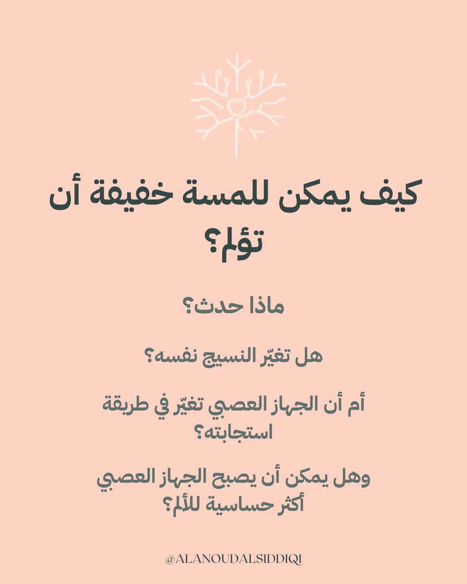 Alanoudws's tweet photo. ١/٧

كيف يمكن للمسة خفيفة أن تصبح مؤلمة؟

قد لا يكون التغيّر في النسيج نفسه، بل في طريقة استجابة الجهاز العصبي للمعلومات الحسية.

هذا ما نحاول فهمه عند الحديث عن التحسّس المركزي. https://t.co/nMcaMAwbew