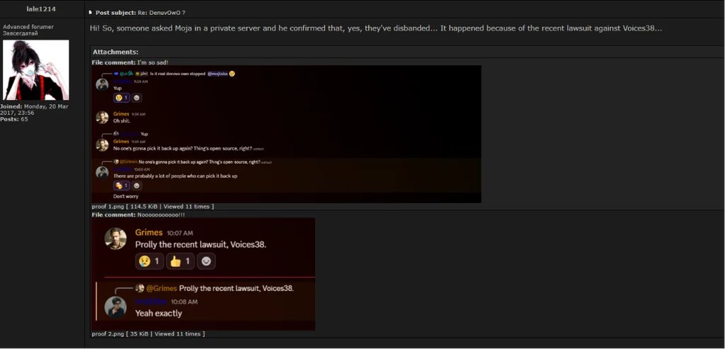 realCrackWatch's tweet photo. DenuvOwO has officially disbanded because of the voices38 lawsuit. #crackwatch #denuvo https://t.co/ZasePZlZjJ