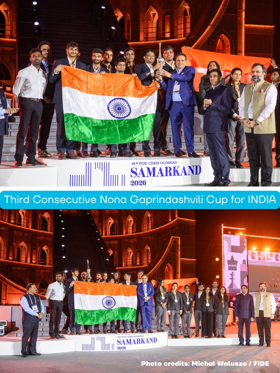 chesscom_in's tweet photo. Congratulations to 🇮🇳 INDIA on winning the Nona Gaprindashvili Cup for the third time in a row! #ChessOlympiad 📸 @FIDE_chess / Michal Walusza https://t.co/xxJM40olEm