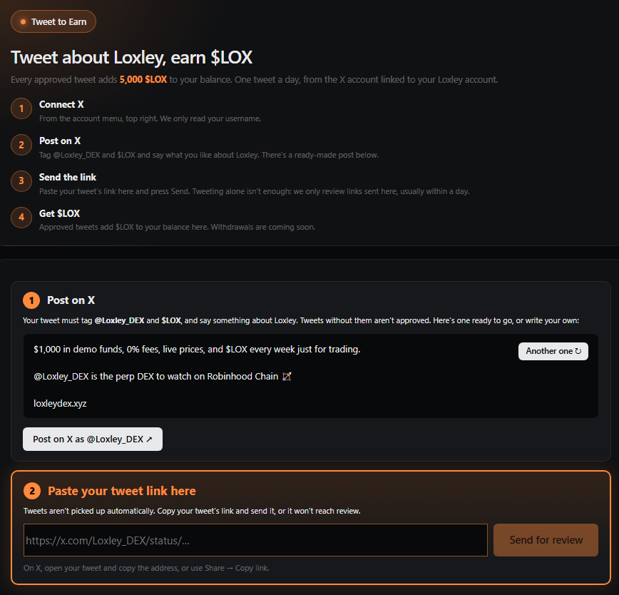 Loxley_DEX's tweet photo. Tweet to Earn is live on @Loxley_DEX 

Earn 5,000 $LOX for every approved tweet:

1️⃣ Connect your X account on https://t.co/3ZDDRwlTuM
2️⃣ Open the Tweet to Earn tab and post (tag @Loxley_DEX + $LOX)
3️⃣ Paste your tweet link and hit "Send for review"
4️⃣ Once approved, 5,000 $LOX lands in your balance

⚠️ Step 3 matters: tweets without a submitted link aren't reviewed.

Why 5,000? We're building for a bigger $LOX market cap, so the reward amount will be adjusted as we grow. 

One tweet per day. Withdrawals open within 2 hours ⏳

Everyone will be talking about $LOX.

https://t.co/3ZDDRwlTuM