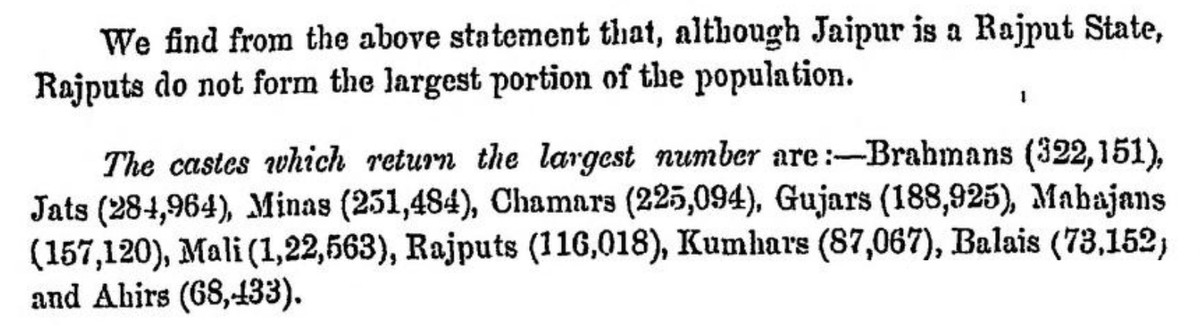 thrcindia's tweet photo. There were more L0w Caste Gujjars (1,88,925) in Jaipur Kingdom than Rajputs (1,16,018) as per 1921 cencus. Still they were ruled by Rajput polity as loyal slave subjects for a thousand year till 1947. Situation was same in Karauli, Kota, Bundi, Alwar, Marwar and Kishangarh. https://t.co/OTdaIK1LxW