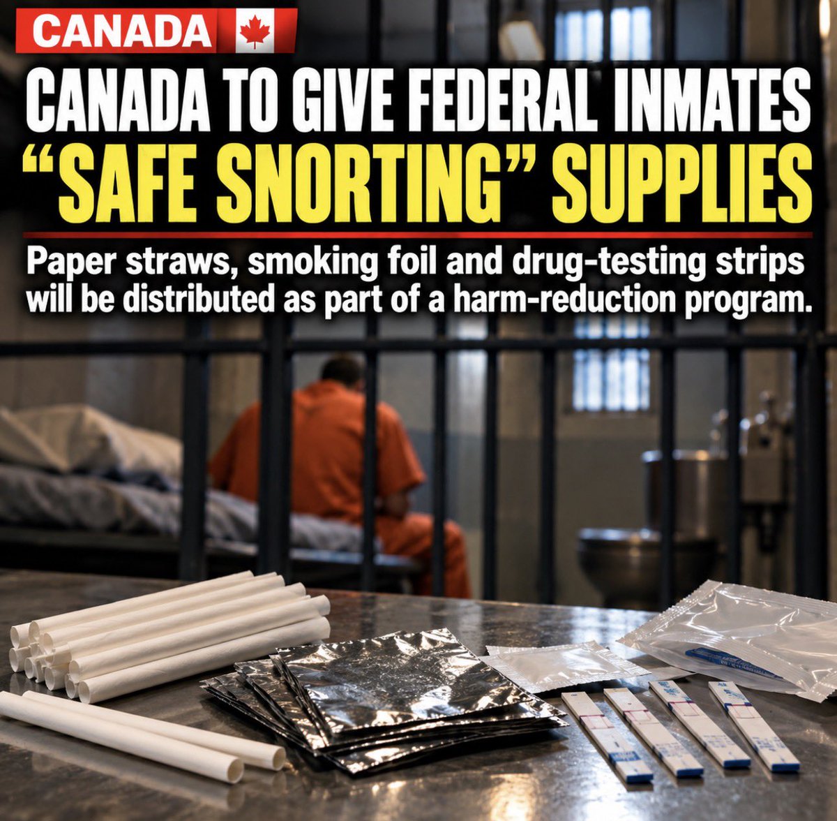 ClownWorld's tweet photo. Canada’s federal prison system is preparing to distribute paper straws for “safer snorting,” foil for smoking drugs, and testing strips for fentanyl and other substances as part of a harm-reduction program.

The idea is to reduce overdoses, infections and other health risks among inmates who are already using drugs.

Maybe I’m missing something here, but if illegal drugs are getting into federal prisons so regularly that we now need government-issued “safe snorting” supplies, shouldn’t stopping the drugs from getting into prison be the bigger priority? 🤦‍♂️