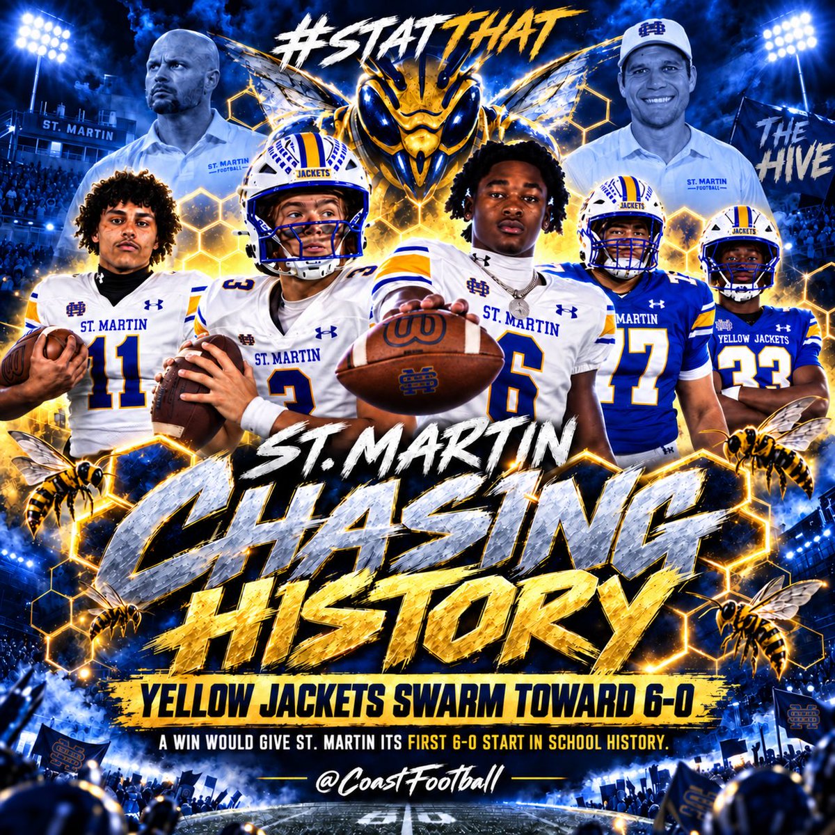 Coastfootball's tweet photo. #STATTHAT 🐝 HISTORY IS KNOCKING AT THE HIVE!

St. Martin is 5-0 and one win away from something the Yellow Jackets have never done before: start a football season 6-0.

There has been an unbeaten St. Martin team before. The 1965 Yellow Jackets finished 10-0-1, but they opened that season with a tie. So even that historic team was never officially 6-0.

Now, 61 years later, the 2026 Yellow Jackets have a chance to stand alone in the record book.

It will not come easy.

St. Martin returns home to host a desperate Biloxi team that will be looking for its first Region 4 win after falling to Ocean Springs. The Indians have their backs against the wall, while the Yellow Jackets have history directly in front of them.

🐝 5-0.

🐝 One win from 6-0.

🐝 One win from school history.

Can St. Martin make history at The Hive?

#StatThat #CoastFootball #StMartin #YellowJackets

@StMartinFB 
@StMartinHighSc1