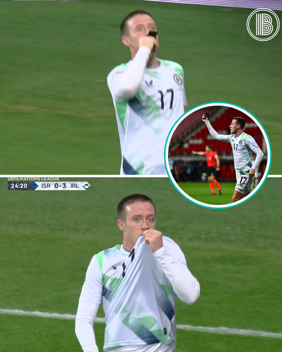 ballsdotie's tweet photo. Jack Moylan took off his black armband and kissed it after scoring against Israel.

He then kissed the Ireland crest on his jersey. https://t.co/FTf5LXmTl3
