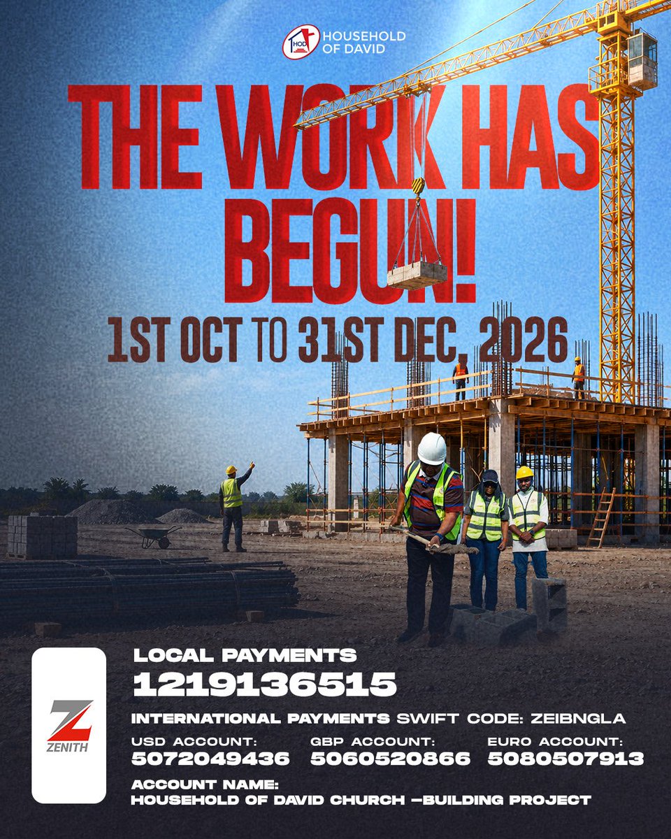 HODChurchNG's tweet photo. The work has begun! From 1st October to 31st December, we are trusting God to complete this project and invite you to build with us.

Whatever seed God places in your heart, there is a place for you in this work. Let’s build together.

#HouseholdofDavid https://t.co/jNz4lhUeD0