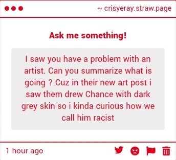 anothercrisy's tweet photo. They're fiercely defending people who whitewash Chance, saying that poc aren't all people of color, so you can't force him to draw Chance as black. They also drew white chance and lance, defended themselves by making a thousand excuses, and then deleted the post due to the critic https://t.co/QQ5CvMRyRU