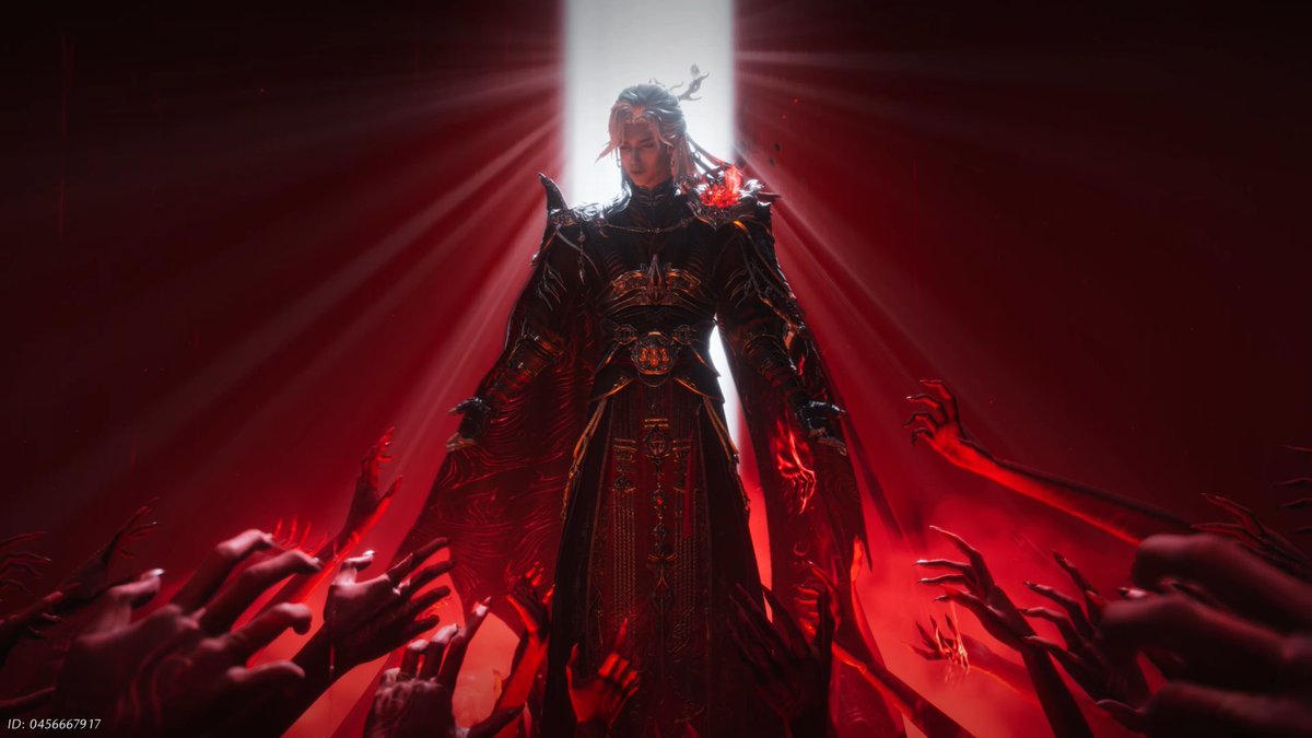 A fantasy character in dark ornate robes stands bathed in a beam of white light against a deep red background, surrounded by reaching zombie-like hands from below, with 'ID: 0456667917' visible in the corner.