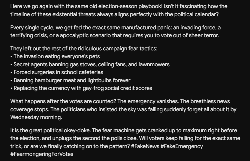 Orly_licious's tweet photo. ๐ณ๏ธ๐จ #FakeCrises: Isnโt it amazing how world-ending, continent-spanning 'invasions' and emergencies always sync up with election calendars? Ten years of 'National Emergency!' then the fear machine powers down on Wed. Don't fall for it. #VOTE #Election2026 #Midterms #FakeEmergency https://t.co/Hp5DZwKXKp