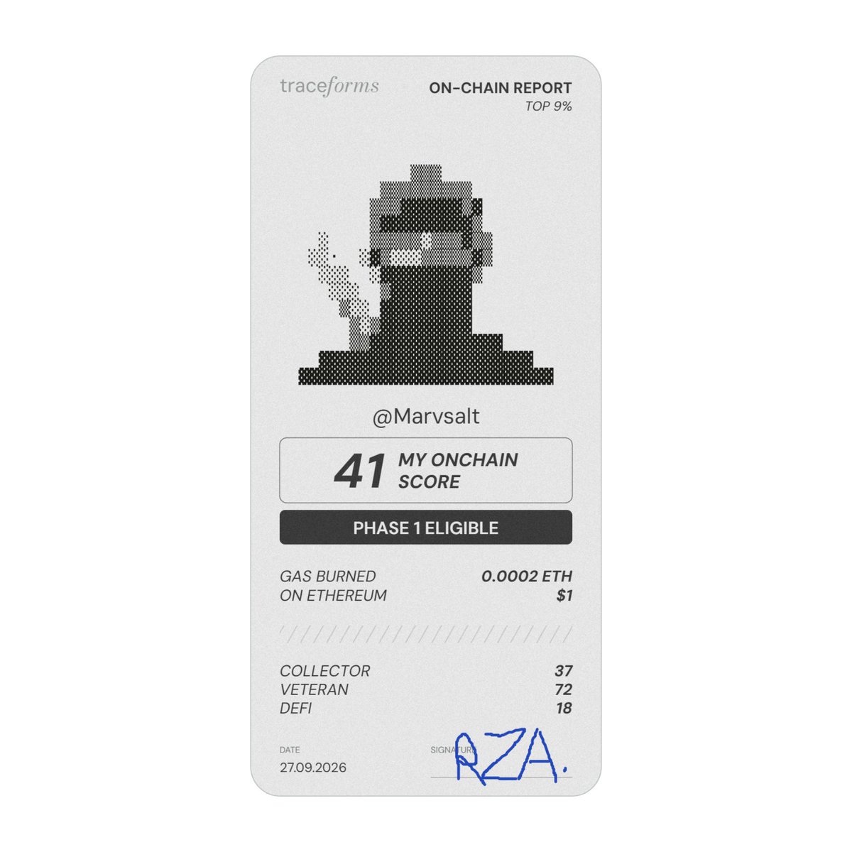 Marvsalt's tweet photo. Just got my onchain report from @traceforms
My score is 41/100 and i’m eligible for phase 1.  

 Mint is tomorrow at 3:00 PM UTC. https://t.co/7TG69OWIPy