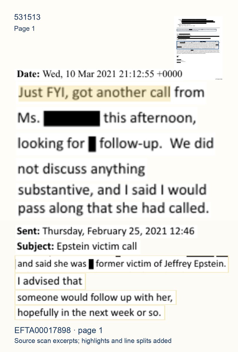 epsteinsearchin's tweet photo. In Feb. 2021, a woman who identified herself as an Epstein victim called federal prosecutors. She was told someone would follow up, hopefully in the next week or so. On March 10 she called again looking for an update. The writer said her call would be passed along. https://t.co/7RcEaGLCte