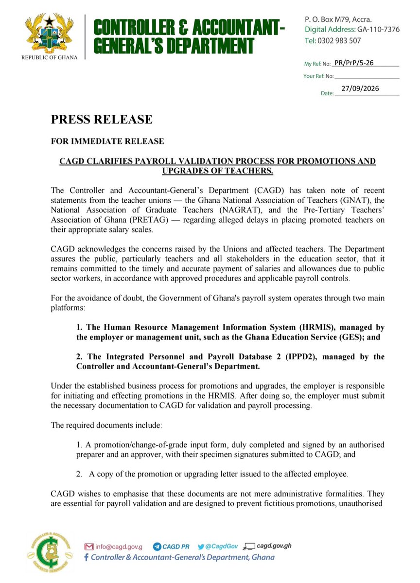 Eyewitnessgh's tweet photo. EXCLUSIVE: —CAGD says it has paid all 6,079 promotion cases GES submitted out of 58,620 expected, and any unpaid teachers are still pending because GES is yet to submit their promotion letters and validated input forms for processing.

More here👇 https://t.co/PEAnH9WiYI