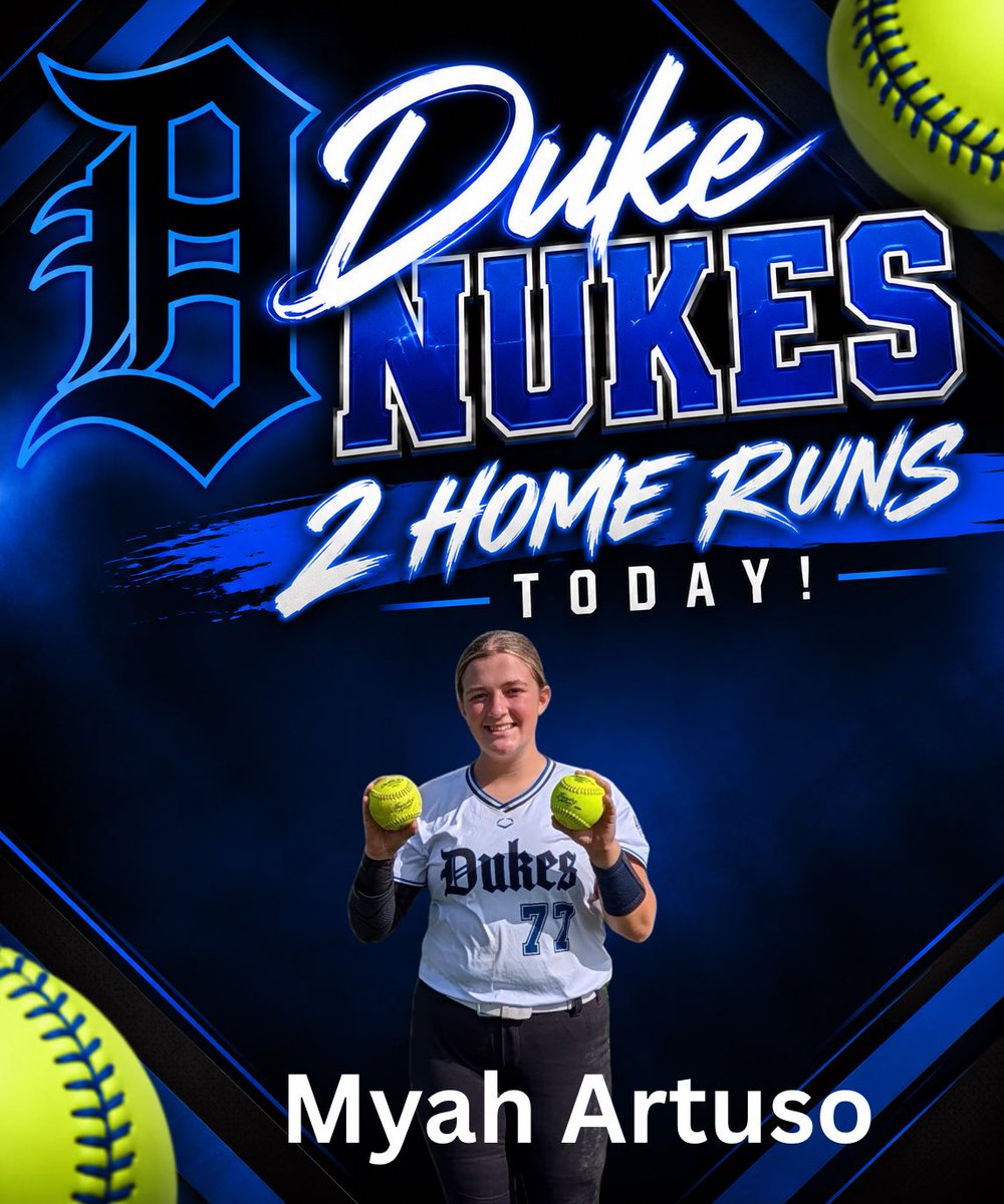 LDBorelli's tweet photo. 💣🥎 DUKE NUKES! 🥎💣

Myah Artuso officially joined the Duke Nukes club today — and she didn’t stop at one! 💥💥

Myah launched her first TWO home runs as a Lady Duke today! 🔥

Nothing better than watching all that hard work turn into a couple of trips around the bases! 💙🖤

Two nukes. One day. Welcome to the club, Myah! 💣💣

#LadyDukesBorelli #DukeNukes #BombSquad #AttitudeAndEffort