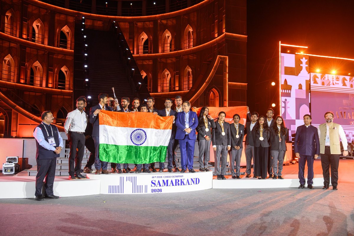ChessbaseIndia's tweet photo. What a historic achievement for Team India 🇮🇳 at the Chess Olympiad. For 3 Olympiads in a row, the Indian Chess Team has won the prestigious Gaprindashvilli Cup! 

This award is for the Team which has the best combined score in Open and Women's events of the Olympiad. https://t.co/QNaB5fydsy