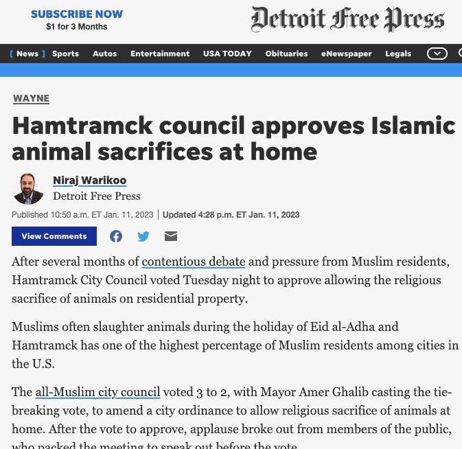LauraLoomer's tweet photo. This week, I further exposed and amplified attention surrounding horrific Islamic animal abuse in a Muslim Halal slaughterhouse in Orlando, Florida and how Dearborn, Michigan is forcing all public school students to eat Halal meat from fully conscious animals who are tortured while Muslims yell "Allahu Akbar.”

American cities like Orlando, Dearborn and Hamtramck are welcoming disgusting Islamic ritual animal sacrifice with open arms.

In Hamtramck, Michigan where @AbdulElSayed is running for US Senate, 
the city council has already approved ritual animal sacrifice to take place in residential areas. 

Meanwhile, Israeli cities are banning outdated rituals that use live animals. Even Israel’s Environmental Protection Ministry—which has a dedicated Animal Protection Division—urges Jews to make charitable donations instead of harming live birds to “avoid causing terrible suffering and unnecessarily abusing roosters and chickens.”

Michigan, Florida and other U.S. states and cities need to step up to stop ritual animal abuse before we’re all living under Sharia Law where innocent animals are violently slaughtered in our neighborhoods and city streets by Islamic jihadists screaming ALLAHU AKBAR.

We cannot allow these people to obtain political power so they change laws to make it so that only Halal meat is served in our schools, and so that it’s legal to slice an animals’ throat on your front lawn, which is what’s happening now in places like Texas, Michigan, and Minnesota. 👇🏻