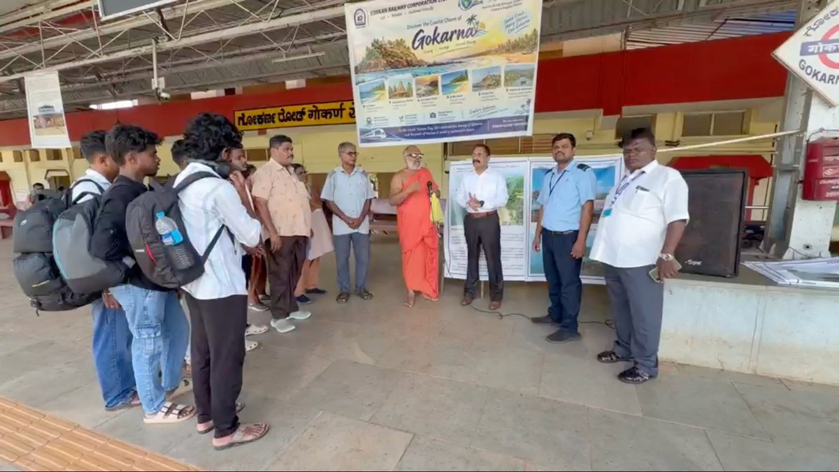 KonkanRailway's tweet photo. On #WorldTourismDay, a special talk was held at Gokarna Railway Station highlighting the religious, cultural and historical significance of Gokarna, along with Konkan Railway’s role in connecting people and supporting tourism in the region.

#SwachhataHiSeva2026 #SadarSeva https://t.co/9utUAeMDdP