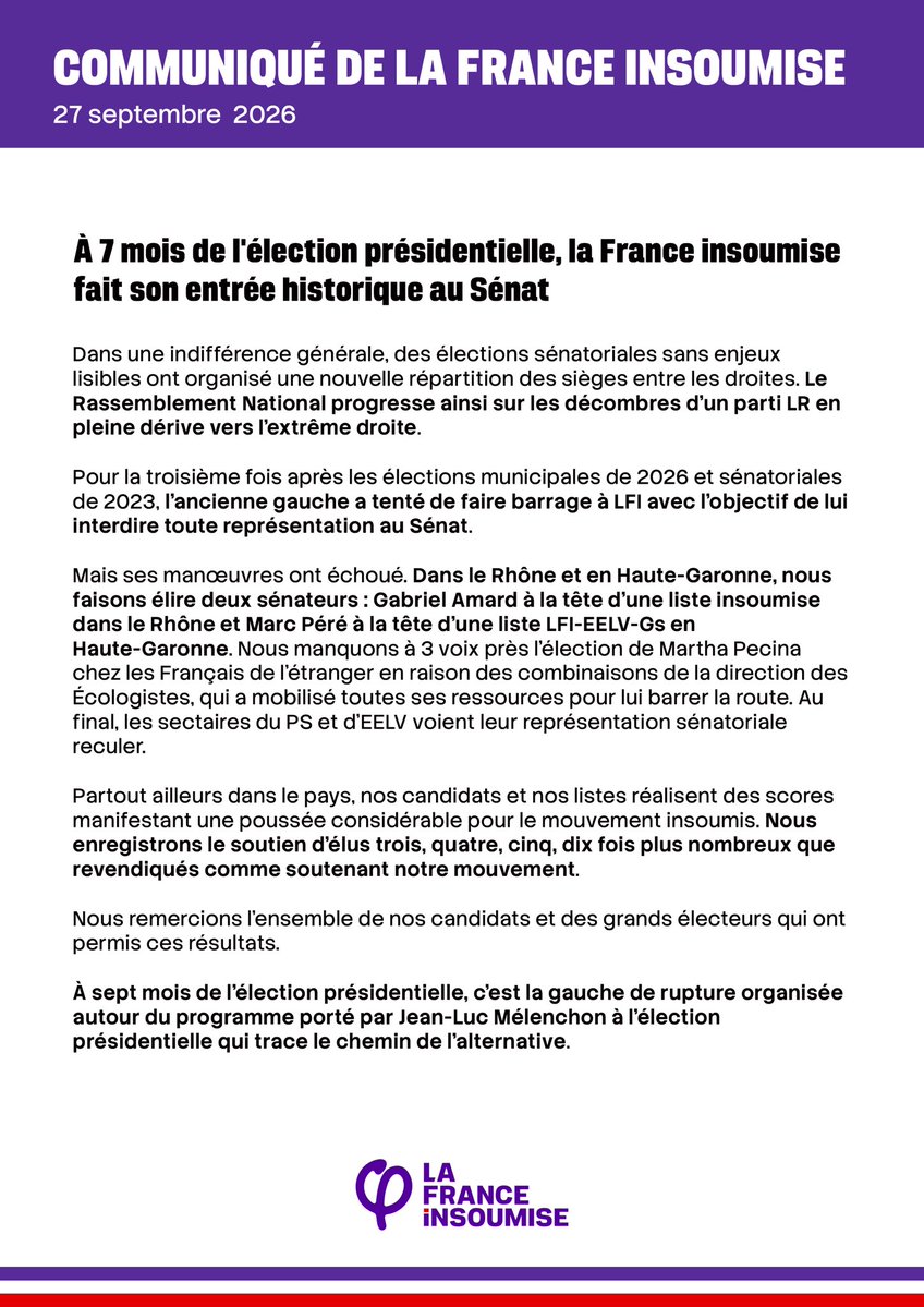 FranceInsoumise's tweet photo. À 7 mois de l'élection présidentielle, la France insoumise fait son entrée historique au Sénat

Retrouvez le communiqué de la France insoumise ⤵️
https://t.co/ept7Dc3fpj https://t.co/LXydWISh5O