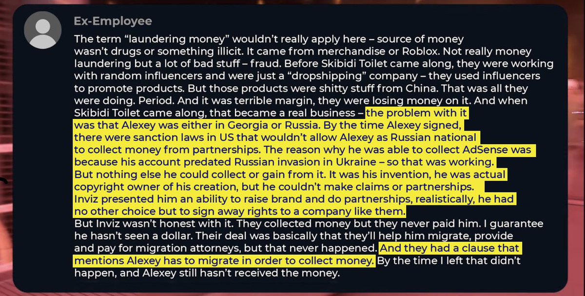 InvizArchive's tweet photo. DafuqBoom may have had no choice but to give up his Youtube revenue in 2024, which is why he said he was almost broke in summer 2025.

Remember this message from Boom where he said he “gave away” the monetization of his Youtube channel in 2024? This claim might be confirmed by the fact that Google deleted Russia-based Adsense accounts in August 2024. You can read about it in this article - https://t.co/kPKeipzSNA 

Because of the war in Russia, Google was having more difficulty paying Youtube channels that monetized their content. This might have been due to U.S. sanctions against Russia. So they stopped allowing channels that had their location set as Russia to earn anything from ads. 

We’re not sure where Alexey lived at this time, but given how it’s known he lived in Russia when he started his Youtube channel in 2016, his account might have still had that location as its base. 

So it’s possible his Adsense account would’ve been deactivated in August 2024, leaving him no choice but to give control of his channel’s Adsense to Inviz.

We can also remember that the Inviz ex-employee said Adsense was the only money Alexey could make from Skibidi. So once he had to give up control of that revenue source, he was allegedly not receiving any money from the series.

This is where the claim comes from that Alexey allegedly was not receiving money for about a year between August 2024 - roughly September 2025, which is allegedly why he said he was almost broke in summer 2025.

#SkibidiToilet #BringBoomBack