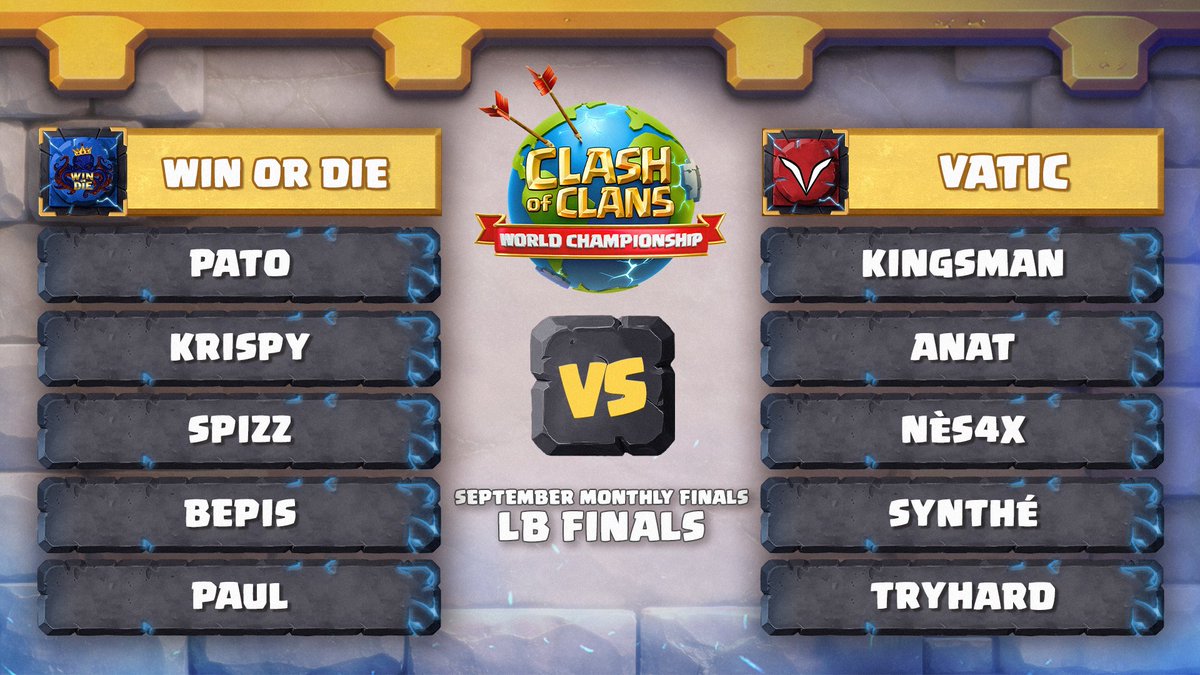 CoCEsports's tweet photo. Buckle up because we're in for a treat 😋

@Winordie_wod 🆚 @vatic_gg for a spot in the Grand Finals!

https://t.co/CPwlWKrL6P 🔗
#ClashEsports | #ClashWorlds https://t.co/CafW2TELuE