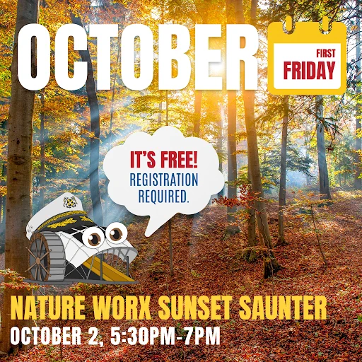 First Friday Nature WoRx Sunset Saunter graphic featuring a colorful fall forest and Captain Trash Wheel. The free event is October 2 from 5:30–7 p.m. Registration is required.