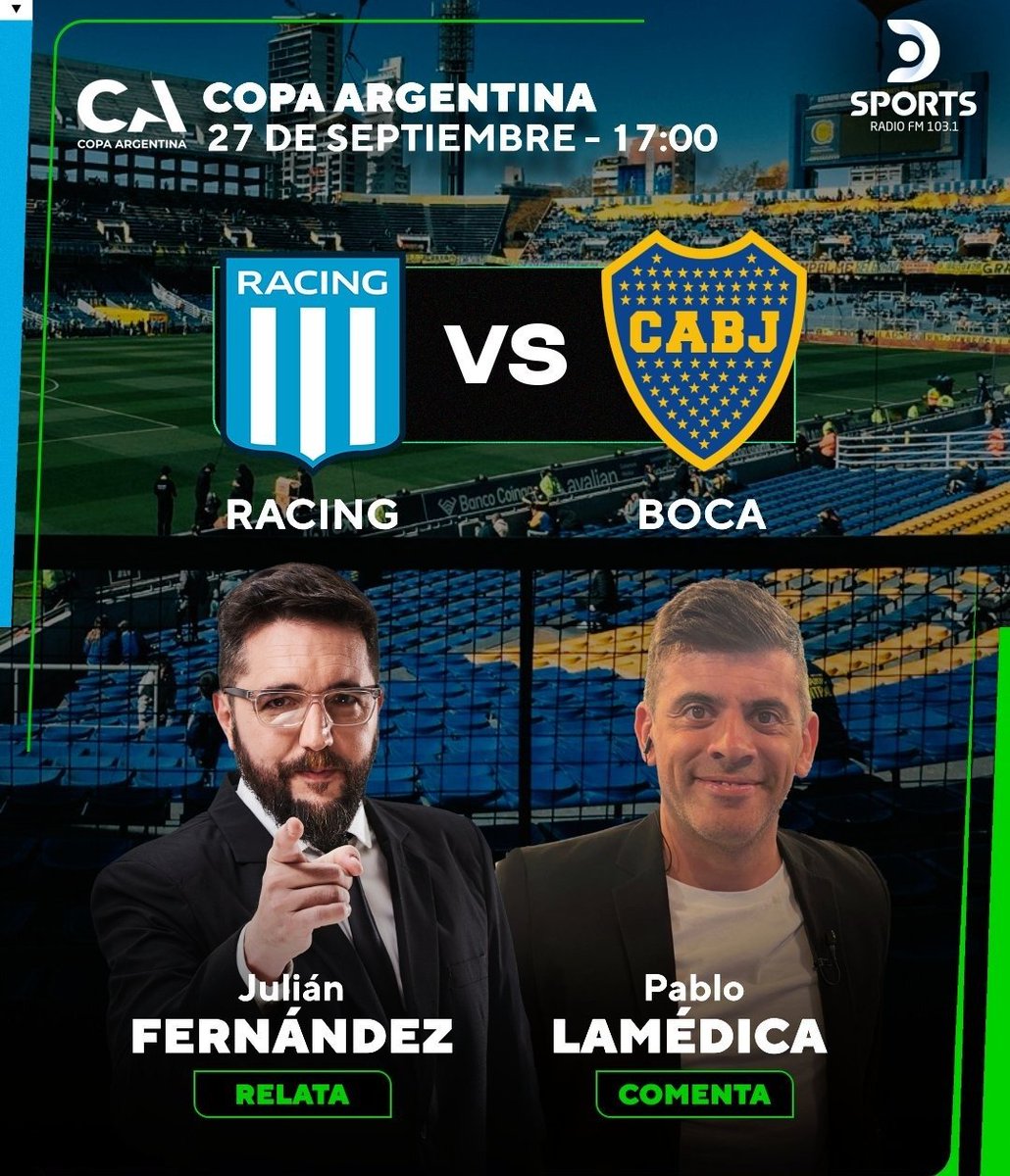 WalterVerst's tweet photo. Ya estamos junto a @mavegol al #AIRE en @DSportsRadio 103.1 FM para llevarte el duelo por #CopaArgentina entre #Racing - #Boca.

Con los relatos de @yojulifernandez comentarios de @pablolamedica y los aportes de @Hachita @faafiperez 
Árbitro: Andrés Gariano
VAR: Lucas Novelli https://t.co/fzLHOYjLUi