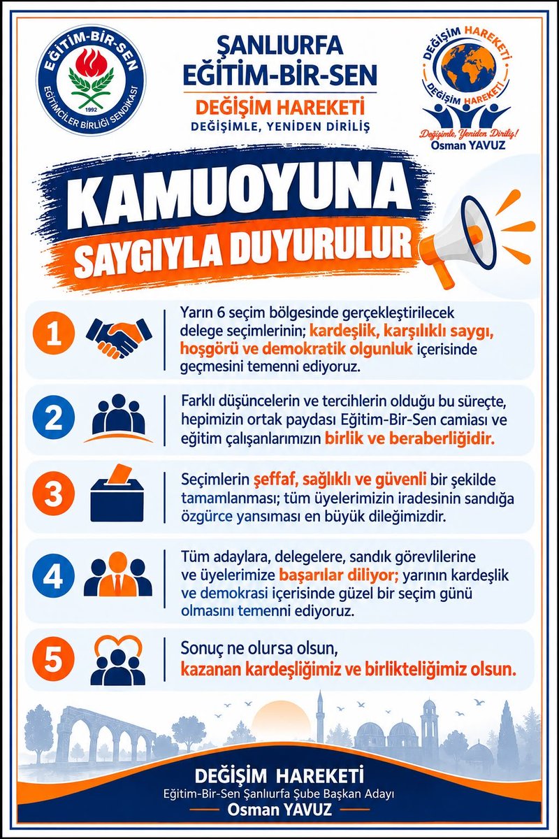 Osman_Yavuz63's tweet photo. Bu seçimlerimizin;

 Kamu gücü ile sendikacılığın değil emeğin, alınterinin ve hakkaniyetin Urfa'ya, Urfa'nın Geleceğine ve Urfa Eğitim Camiasına hizmet edecek bir yeni dönemin başlamasına vesile olmasını  şeffaf, güvenli ve tarafsız bir yarış temenni ediyorum. https://t.co/MZEzVTEvCT