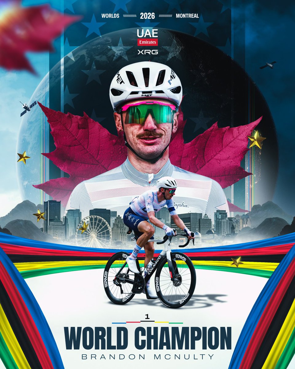 TeamEmiratesUAE's tweet photo. Brandon, what have you just done?! 🤯🇺🇸

Your new world champion, the one and only @BrandonMcNult ! We keep the 🌈 in UAE Team Emirates-XRG! 

He went solo, and they could not catch him. 

Bravo, Brandon! Bravo! 🦅❤️‍🔥

#WeAreUAE https://t.co/0Irg0qlmfr
