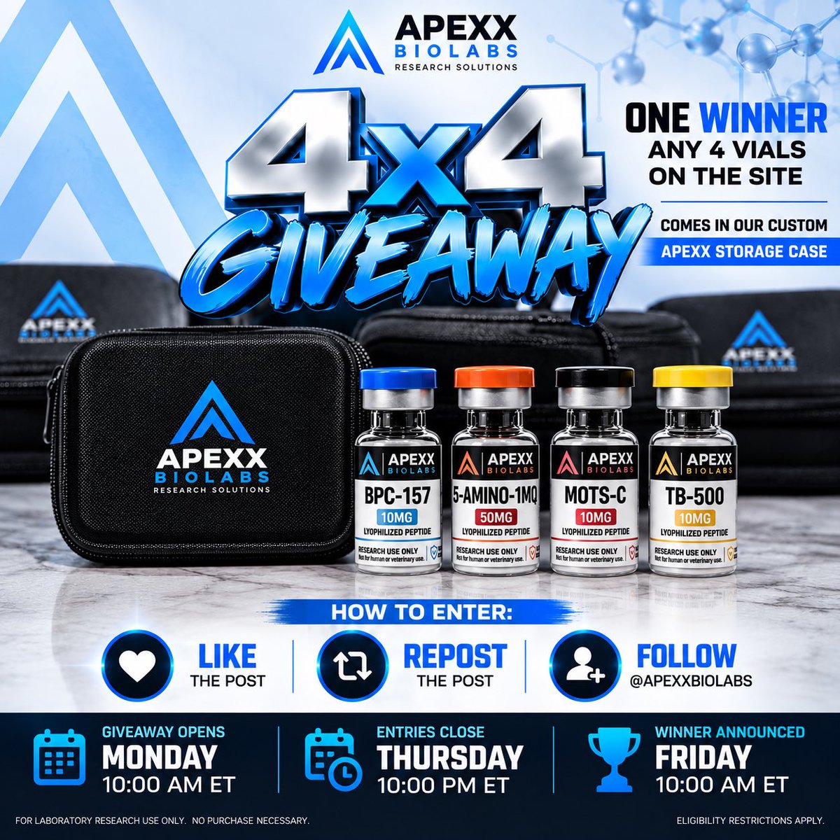 ApexxBiolabsLLC's tweet photo. 🎁🔥 THE APEXX 4×4 GIVEAWAY IS COMING! 🔥🎁

We’re kicking off the week with one of our biggest giveaways yet.

ONE WINNER.
ANY 4 VIALS ON THE SITE.
ONE CUSTOM APEXX STORAGE CASE.

That’s right — the winner gets to choose ANY 4 eligible vials from the APEXX lineup, and we’ll package them together in one of our custom APEXX storage cases.

HOW TO ENTER:

❤️ LIKE the giveaway post
🔁 REPOST the giveaway post
➕ FOLLOW @APEXXBIOLABS

Complete all three to qualify for entry.

⏰ GIVEAWAY OPENS:
Monday @ 10:00 AM ET

🚨 ENTRIES CLOSE:
Thursday @ 10:00 PM ET

🏆 WINNER ANNOUNCED:
Friday @ 10:00 AM ET

4 VIALS. 1 CASE. 1 WINNER.

Mark your calendars — 4×4 starts Monday morning. 🦍🔥

Eligibility restrictions apply. For laboratory research use only. No purchase necessary.