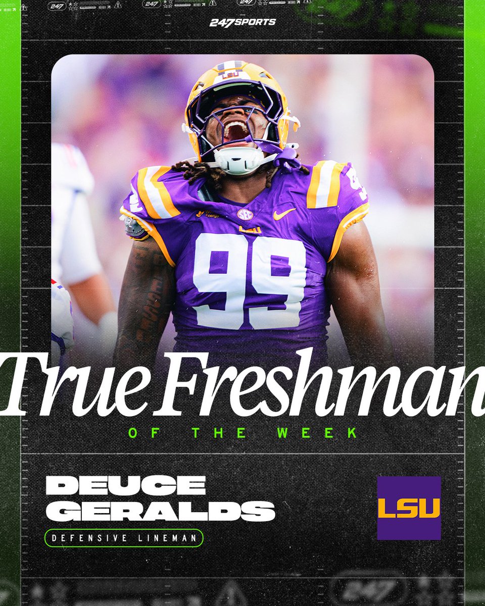 247Sports's tweet photo. LSU DL Deuce Geralds is the 247Sports True Freshman of the Week after delivering his best collegiate performance yet in the Tigers' 35-6 win over Texas A&amp;M.

Geralds recorded five total tackles, including four solo stops, two tackles for loss and a sack.

https://t.co/fVxfwa6tZd https://t.co/TRqFxxkaYN
