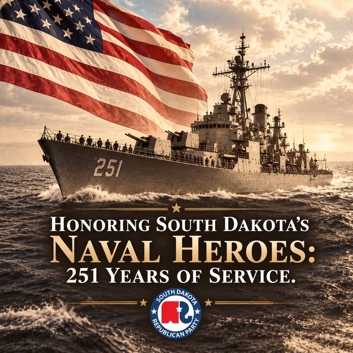 SDGOP's tweet photo. Happy 251st Birthday to the U.S. Navy! 
Today we honor the courage of our sailors, including SD veterans like Kenneth Higashi of Belle Fourche. We are forever grateful for the dedication of those who protect our national sovereignty. ⚓️🫡🇺🇸
#NavyBirthday #SDGOP https://t.co/xPGWA3tWei