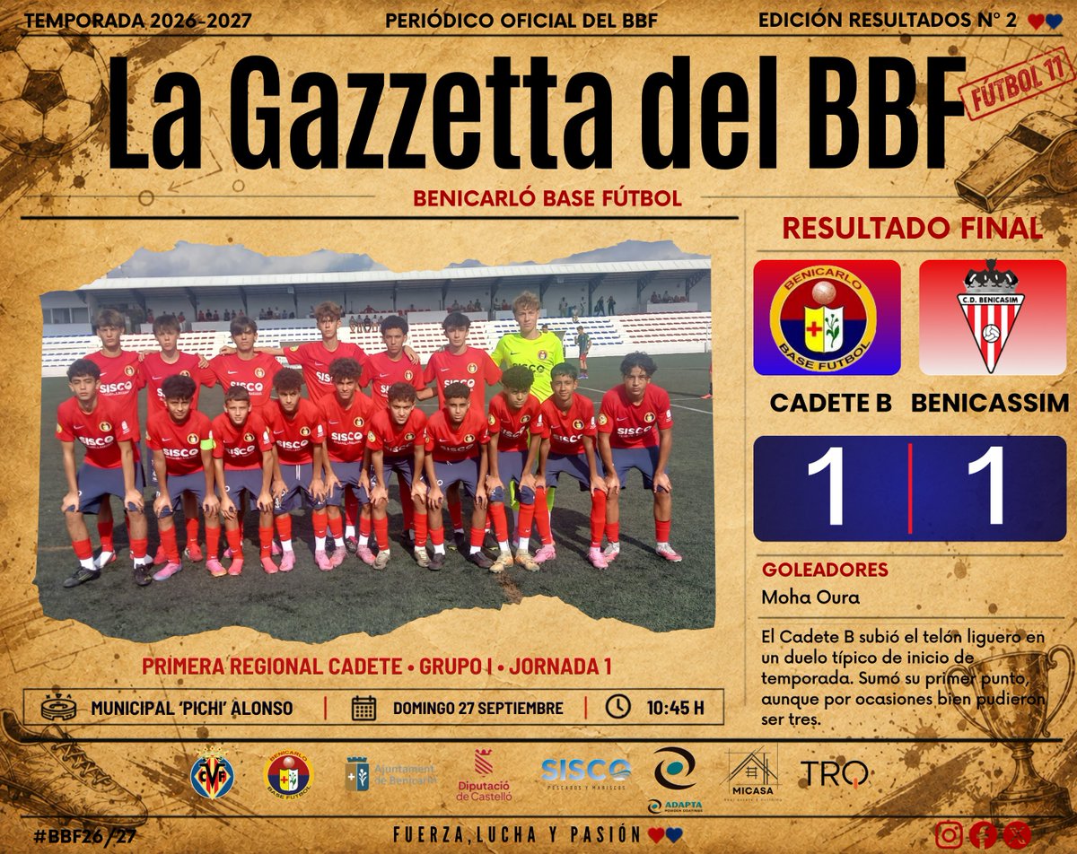 benicarlobf's tweet photo. ❤️💙⚽ 𝗘𝗟 𝗖𝗔𝗗𝗘𝗧𝗘 “𝗕” 𝗡𝗢𝗦 𝗖𝗨𝗘𝗡𝗧𝗔 𝗖Ó𝗠𝗢 𝗟𝗘 𝗙𝗨𝗘 𝗘𝗡 𝗦𝗨 𝗝𝗢𝗥𝗡𝗔𝗗𝗔

🏆 Primera Regional Cadete · Grupo I · J.1

📅 Domingo 25 de septiembre · 10:45 h
🏟️ Municipal ‘Pichi’ Alonso
𝗖𝗔𝗗𝗘𝗧𝗘 “𝗕” 1️⃣
𝗖𝗗 𝗕𝗘𝗡𝗜𝗖À𝗦𝗦𝗜𝗠 1️⃣
⚽ Moha Oura https://t.co/MCmQHiO47y