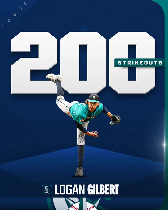 200 Strikeouts
Logan Gilbert (Seattle Mariners)
Logan Gilbert after delivering a pitch while wearing a teal Seattle Mariners uniform and dark blue Seattle Mariners cap.