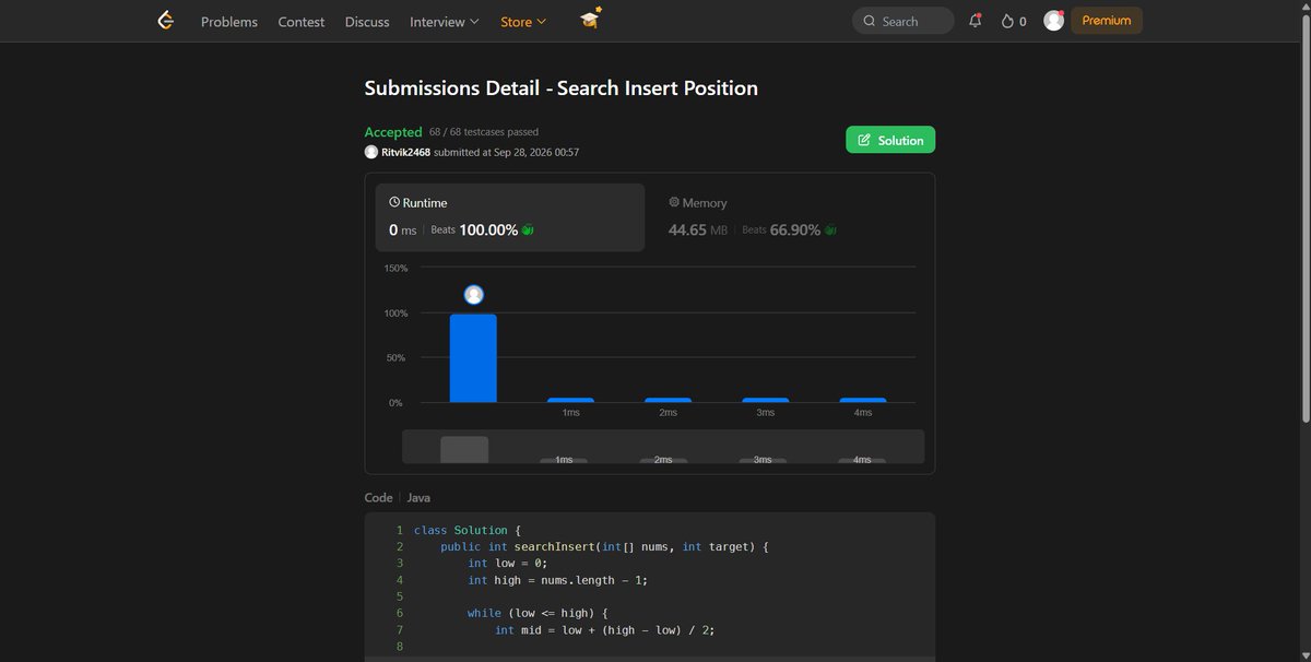 Ritvik2468's tweet photo. Day 11 of #120daysPhoenixArc by
@siamjuit 

~Solved Search Insert Position problem on LeetCode https://t.co/EC71W1DjWK