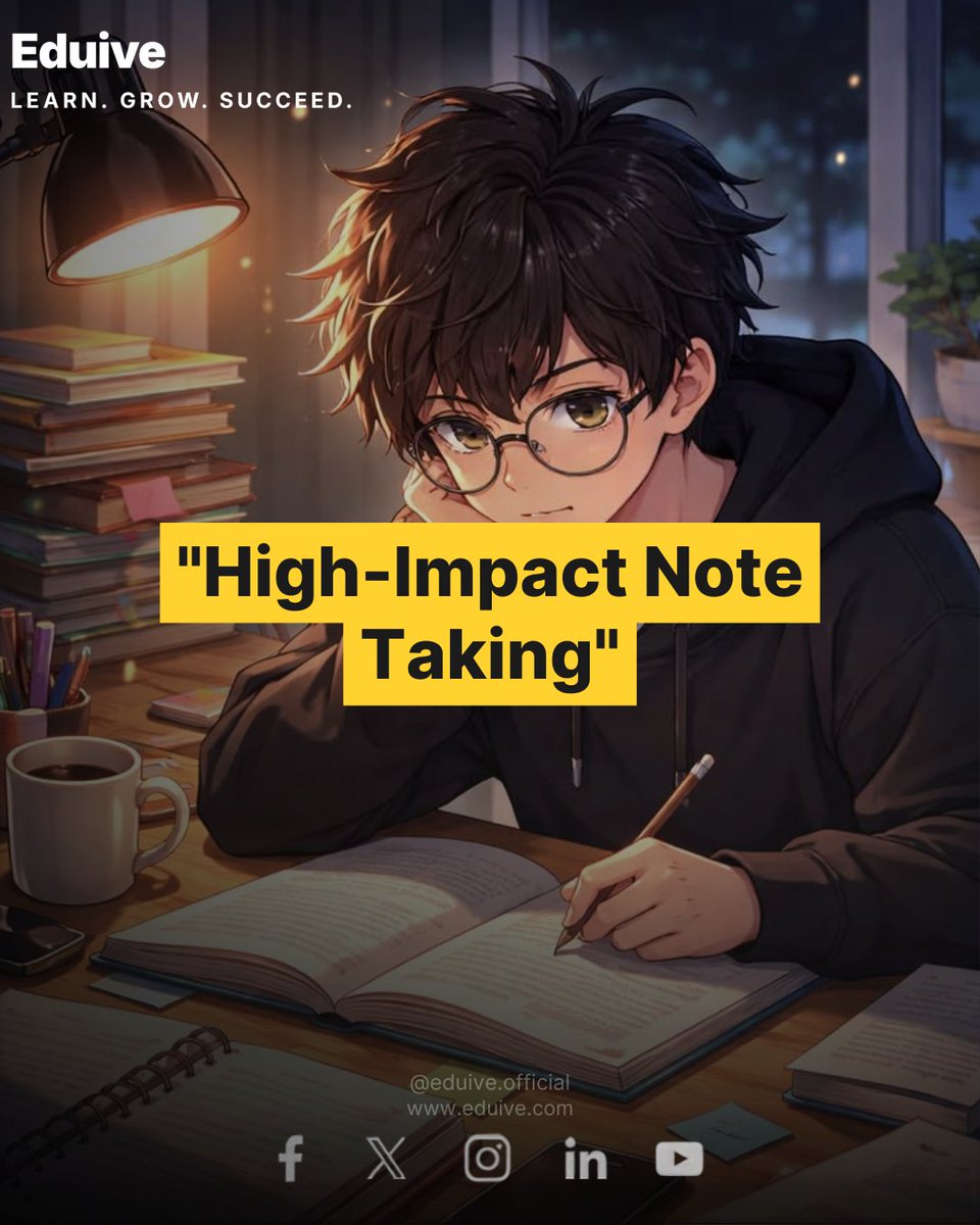 Eduive_Official's tweet photo. High-Impact Note Taking: 3 Techniques to Retain More Information.
Taking pages of passive notes won't help you ace your exams.
#NoteTaking #StudyTips #StudentSuccess https://t.co/Ml3DJcztOK