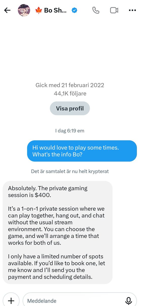 Cimrai's tweet photo. PLEASE @premium they are trying to scam people $400 dollars for gaming sessions WITH ME. 

Do not continue to let this happen. 

Everyone else, please spread that THIS IS NOT ME. I am sick to think of anyone losing their money to this. https://t.co/O5VUYFFKKZ