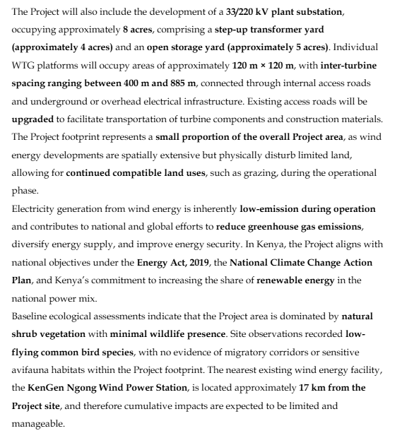 PesaWall's tweet photo. National Cement Company is planning to develop 60 MW commercial wind energy facility in Kajiado County.

The proposed wind farm will comprise thirty-eight (38) GE 1.6–82.5 Wind Turbine Generators (WTGs), each with a rated capacity of 1.6 MW, resulting in a combined installed capacity of approximately 60 MW

Electricity generated by the Project will be evacuated via a 220 kV transmission line connecting the wind farm to the Kimuka Substation.

The company initially considered developing the wind farm facility in Kwale county but the wind regime did not meet the minimum thresholds required for efficient turbine operation, longterm energy yield, and financial feasibility.