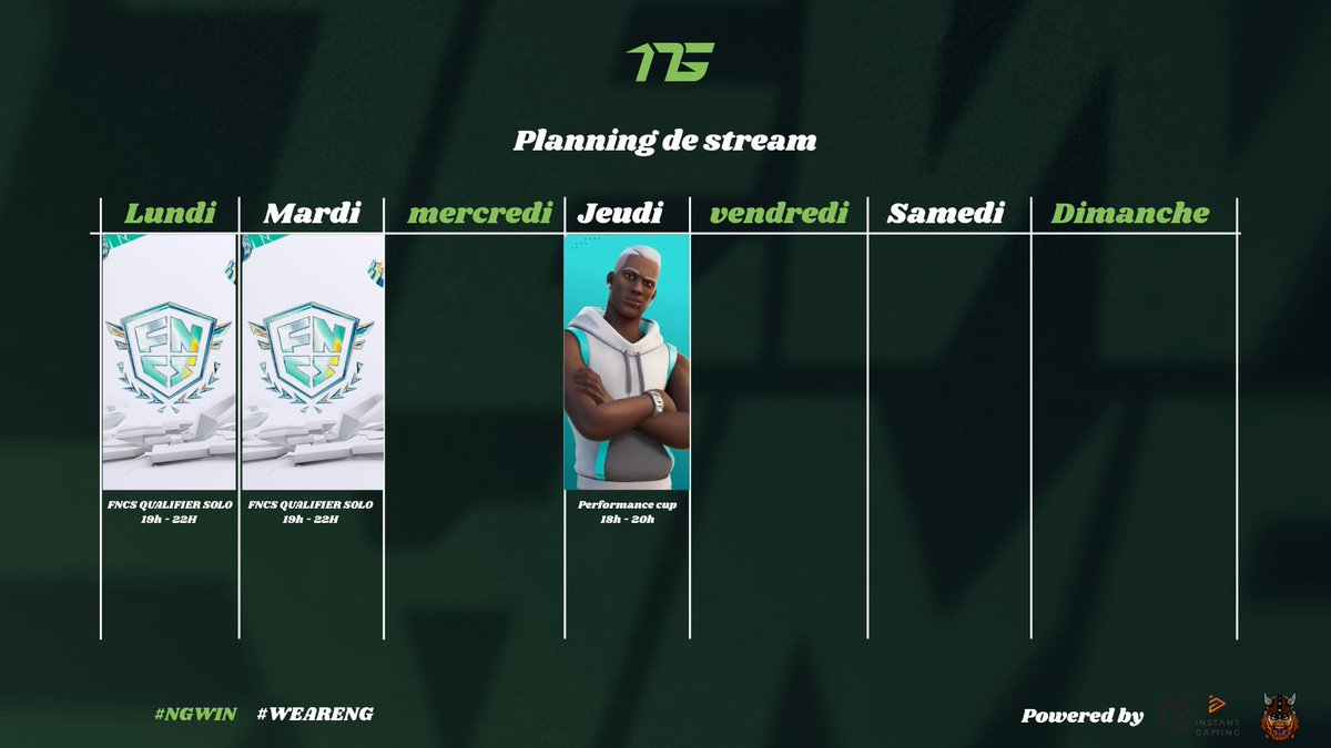 NewgamesEsport's tweet photo. Voici le planning de cette semaine,
ça commence fort des le début de la semaine 💪
2 jour d'affilé de FNCS Qualifier Solo 🏆
Pour ensuite Jeudi Performance Cup !
#NGWIN #WEARENG https://t.co/8dBbzxy9X4