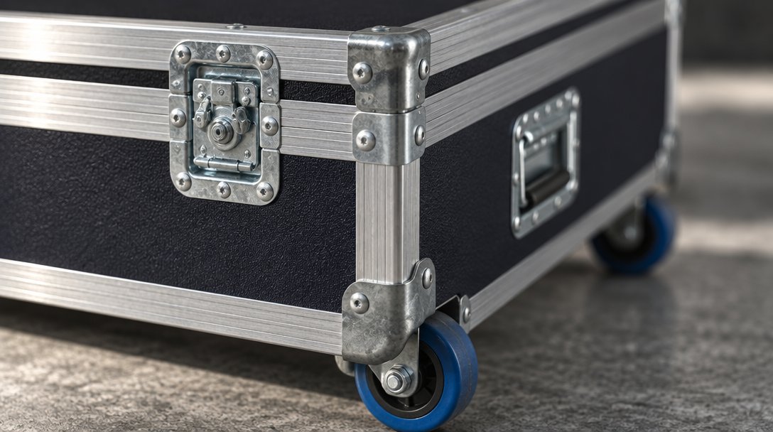 akflightcases's tweet photo. Three joints decide a season: the aluminium edging, the butterfly latch, the wheel. Inspect how they meet and you know how a case behaves on a 40-date run. Build proof, not sales talk. https://t.co/2dQ0vIzVaG