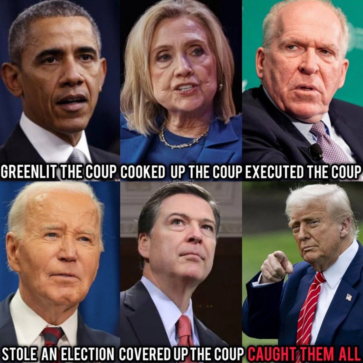 TinaZimmermann4's tweet photo. Obama - Greenlit the coup.
Hillary - Cooked up the coup.
Brennan - Executed the coup.
Biden - Stole an election.
Comey - Covered up the coup.

Trump - CAUGHT THEM ALL.

Catturd https://t.co/j9uYuwkQC4