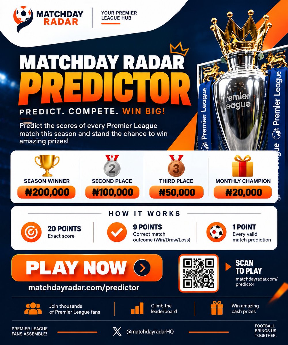 matchdayradarHQ's tweet photo. Think you can top the MatchDay Radar Predictor? 

₦200K season prize
₦20K monthly prize
Climb the leaderboard

It’s FREE to play.

👉 Predict now: https://t.co/niEILBauMb

#MatchDayRadar #Predictor #PremierLeague https://t.co/j5uyVPlYyQ