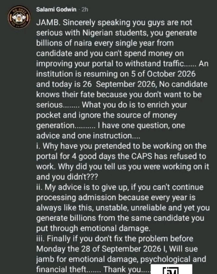 Geniusmind_01's tweet photo. UNILORIN Aspirant threatens to sue JAMB💔😂 https://t.co/B2VWm8x0EO