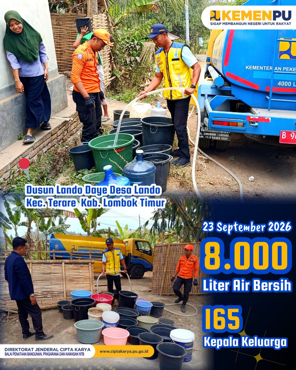 BPBPKNTB's tweet photo. Kementerian PU Ditjen Cipta Karya melalui BPBPK NTB telah melaksanakan kegiatan distribusi air bersih bagi warga yang terdampak kekeringan periode 21-24 September 2026.
#1ck1
#sigapmembangunnegeriuntukrakyat
#pu608 https://t.co/6pm9GBe27E