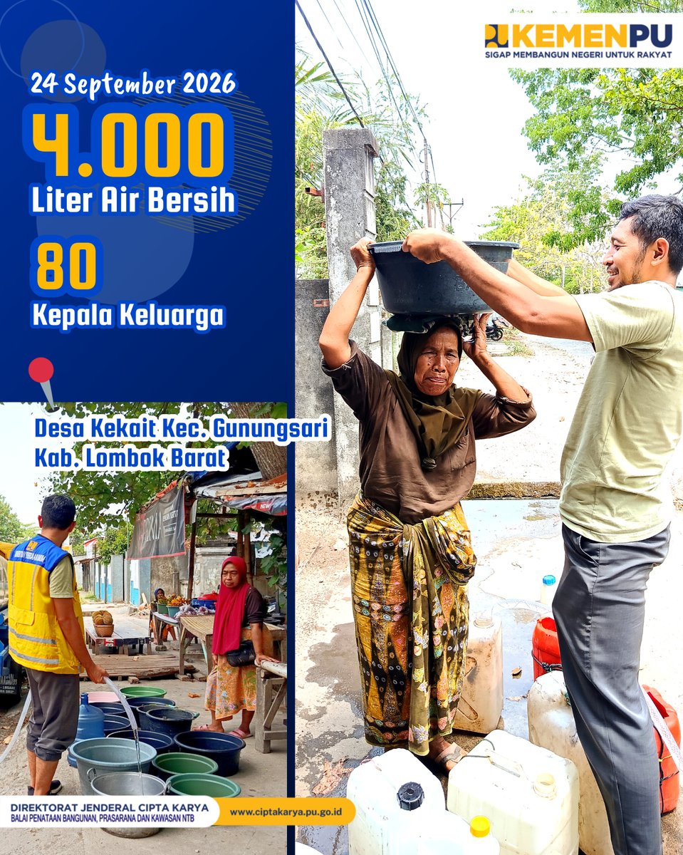 BPBPKNTB's tweet photo. Kementerian PU Ditjen Cipta Karya melalui BPBPK NTB telah melaksanakan kegiatan distribusi air bersih bagi warga yang terdampak kekeringan periode 21-24 September 2026.
#1ck1
#sigapmembangunnegeriuntukrakyat
#pu608 https://t.co/6pm9GBe27E