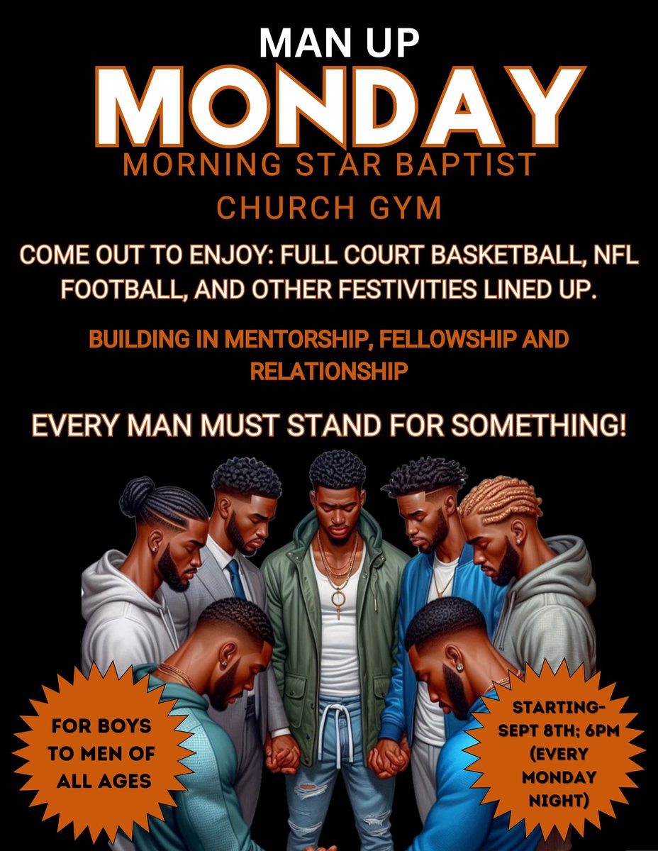 mymsbc's tweet photo. ๐ช๐ Man Up Monday: Where Men Build Men ๐๐ฌ Join us Monday nights for mentorship, meals, real talk, and sports. Step up, give back, and grow together! DM us or visit! #ManUpMonday #Mentorship #Brotherhood #FaithInAction #StrongerTogether https://t.co/aIRibn8ti5