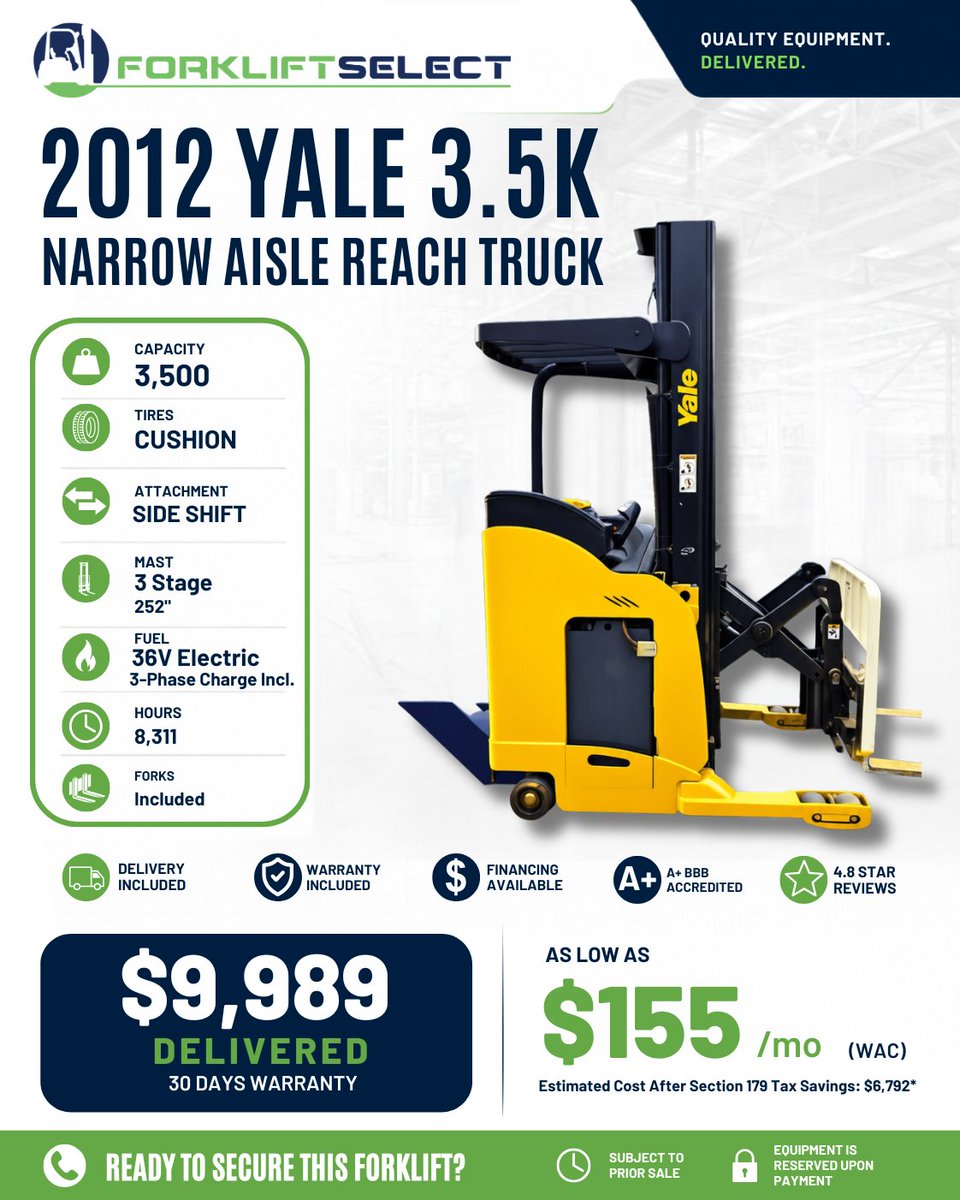Forklift_Select's tweet photo. Tight aisles costing you space? 📦 The 2012 Yale 3.5K Narrow Aisle Reach Truck helps maximize storage! Upgrade your operation with delivery &amp; warranty included. Find your perfect lift 👉 #ForkliftSelect https://t.co/NFOCwJBkEM