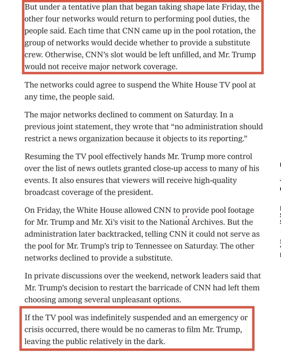 ConradsonJordan's tweet photo. The @nytimes continues pushing network slop to secure the WHCA’s White House coverage monopoly. 

Report claims that if CNN is not in the pool and no major network provides a replacement “Trump would not receive major network coverage.”

And “If the TV pool was indefinitely suspended and an emergency or crisis occurred, there would be no cameras to film Mr. Trump, leaving the public relatively in the dark.”

The truth: @RealAmVoice provides a publicly available television pool feed. Major networks just refuse to carry it. And now they’re admitting they wouldn’t even use RAV’s feed in the event of a national emergency or crisis to intentionally deprive the American people of information. 

ENEMY OF THE PEOPLE