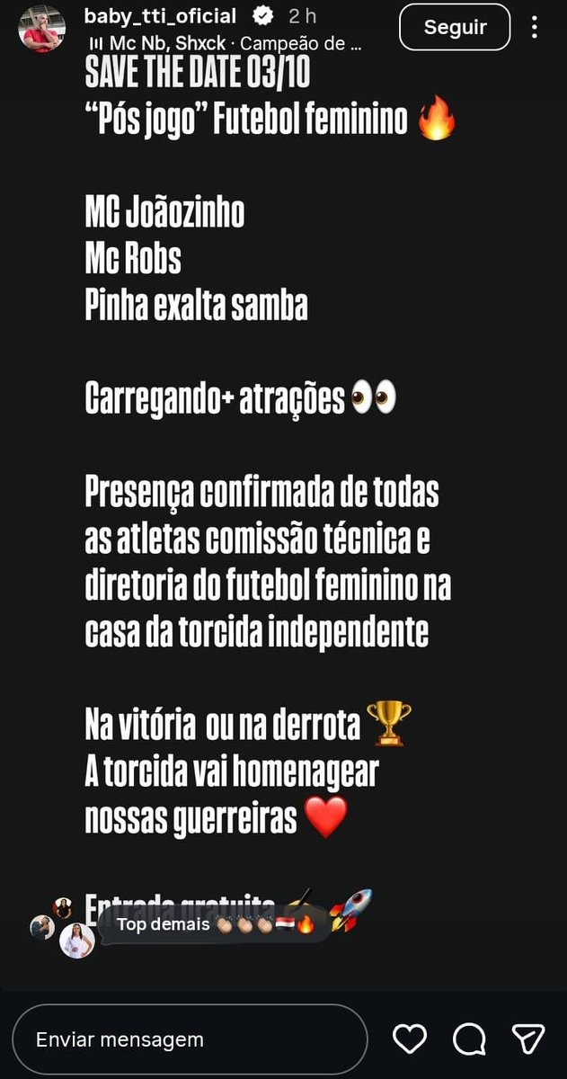 somosaopaulinos's tweet photo. Baby confirmou mais atrações pro pós jogo das meninas https://t.co/g6unT5ejQk
